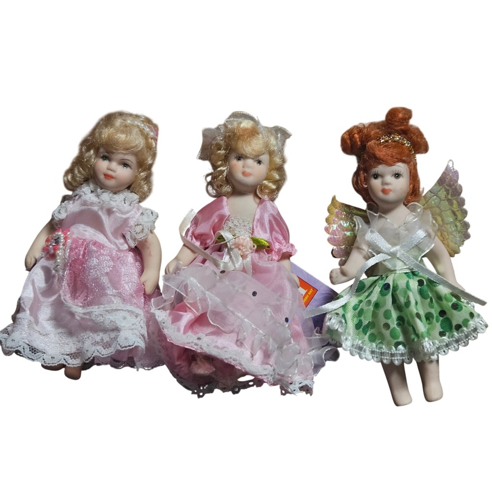 Lot of 3 Vintage Style Miniature Porcelain 5" Dolls Pink Fairy Green Victorian